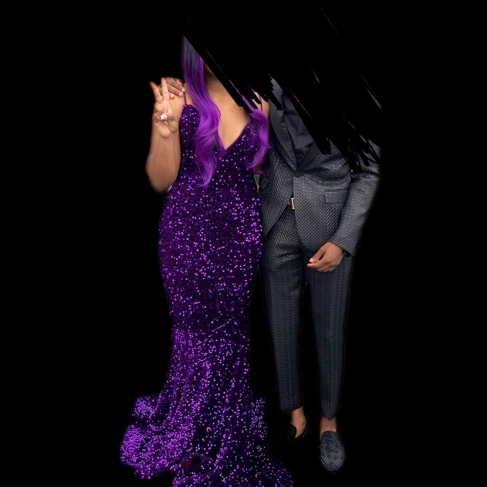 Purple Sequin Embellished V-Neck Gown